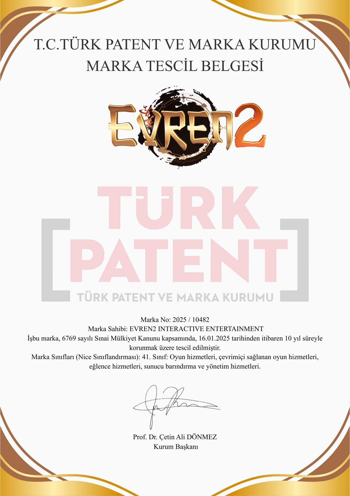 Evren2 T.C. Türk Patent ve Marka Tescil Belgesi
